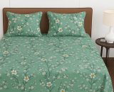 BSB HOME 100% Cotton Feel Double Bed Bedsheet Set | 144 TC Soft & Breathable | Mint Green White Flower Print with 2 Pillow Covers | Wrinkle Free | for Bedroom (90 x 90 Inches)